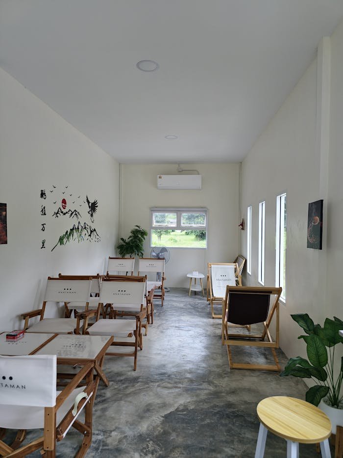 A modern, minimalist cafe interior featuring wooden furniture and potted plants.